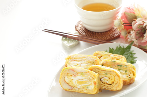  Japanese food  homemade oba egg roll on dish with copy space