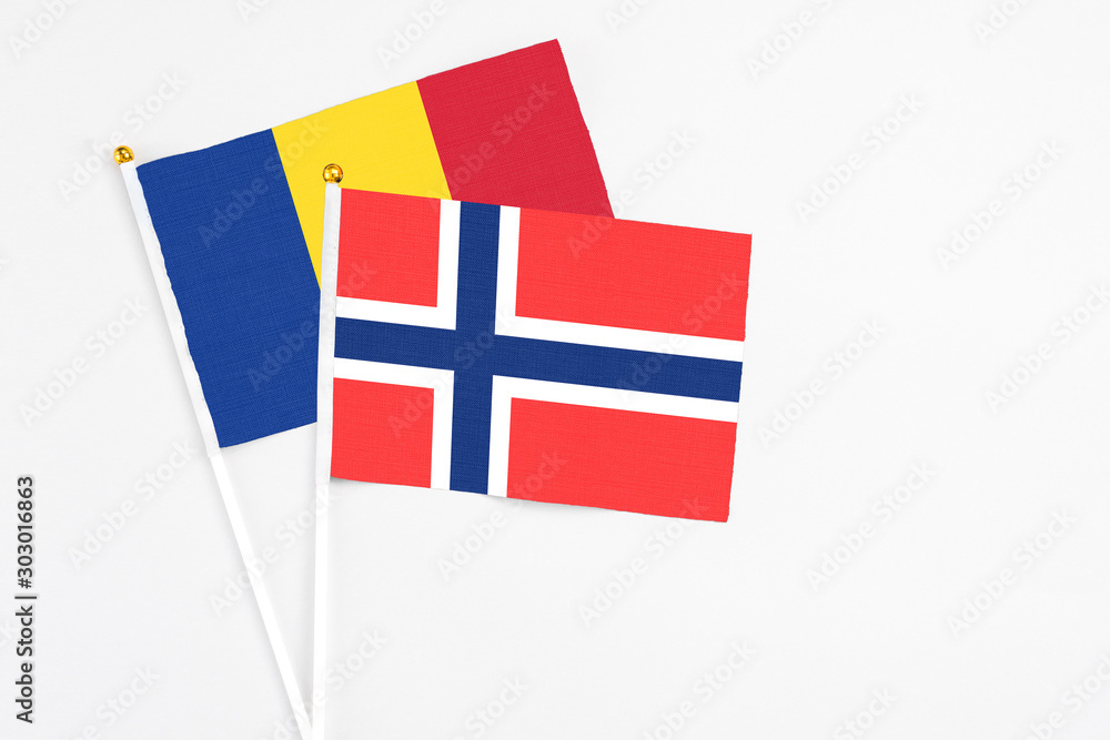 Bouvet Islands and Romania stick flags on white background. High quality fabric, miniature national flag. Peaceful global concept.White floor for copy space.