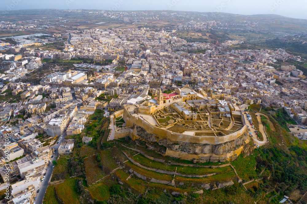 Aerial view of Citadel and Victoria city (Rabat) - capital of Gozo island. Malta 