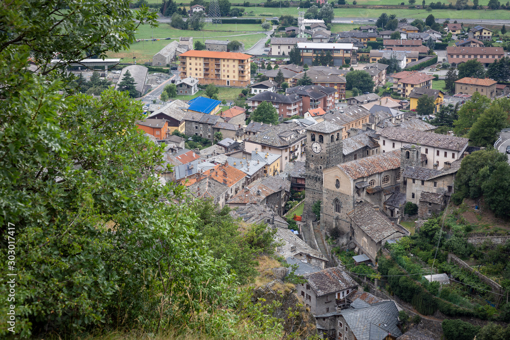 a view from the castle over Verres town, Aosta Valley, Italy