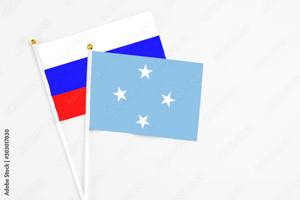 Micronesia and Russia stick flags on white background. High quality fabric, miniature national flag. Peaceful global concept.White floor for copy space. Micronesia and Russia stick flags on white background. High quality fabric, miniature national flag. Peaceful global concept.White floor for copy space.