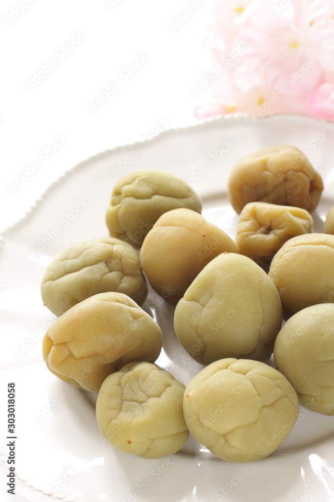 Japanese food, Ume plum on dish with copy space Japanese food, Ume plum on dish with copy space