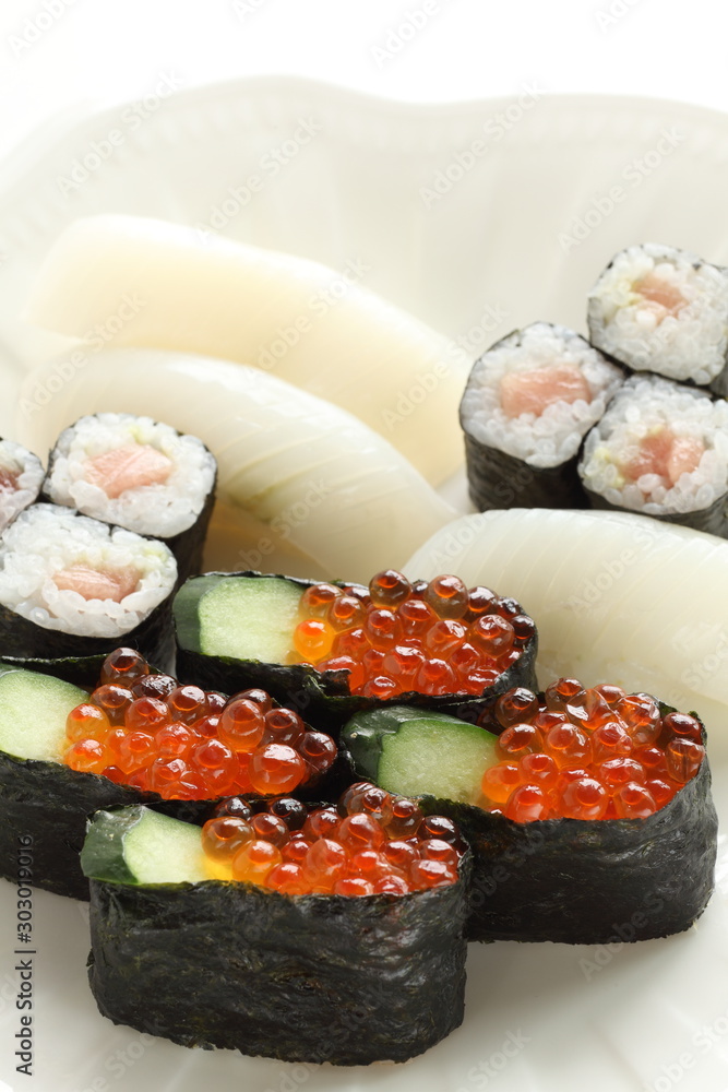Japanese food, assorted Ikura raw roe sushi Japanese food, assorted Ikura raw roe sushi