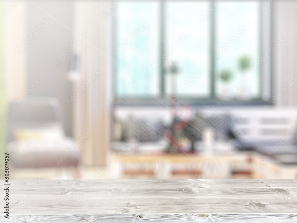 Table on defocuced interior background. 3D rendering Table on defocuced interior background. 3D rendering