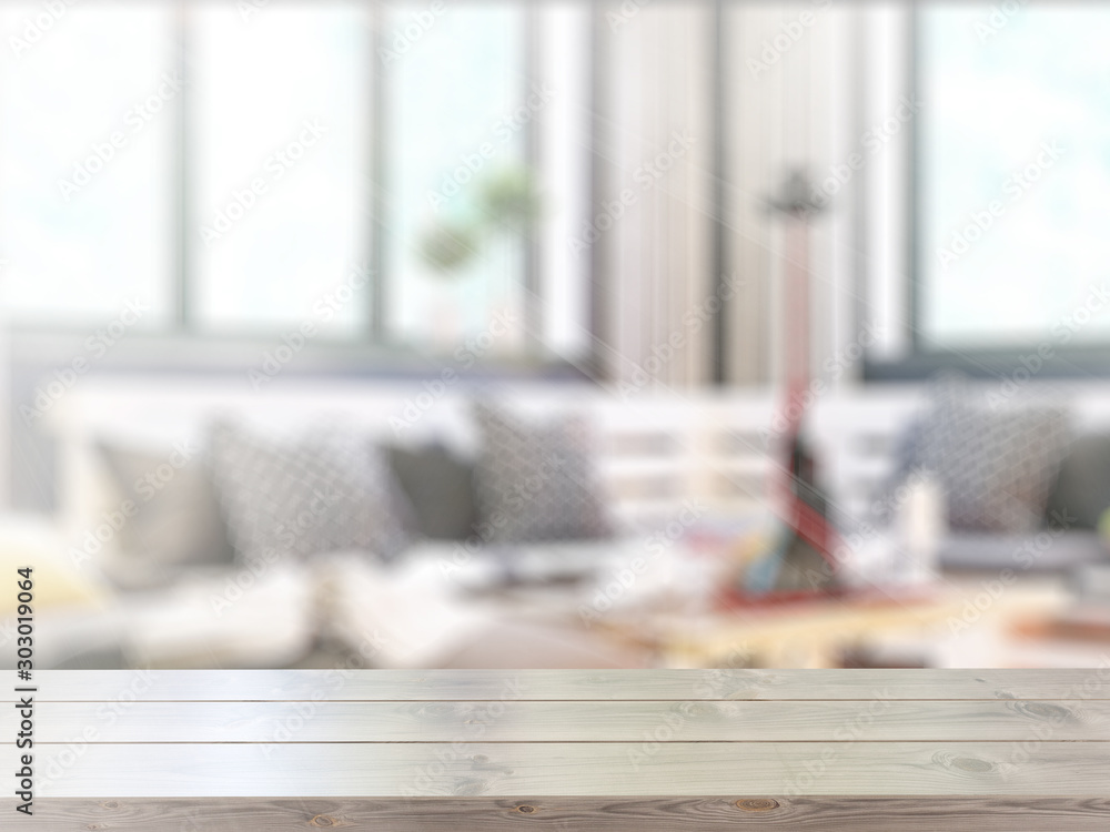 Table on defocuced interior background. 3D rendering Table on defocuced interior background. 3D rendering