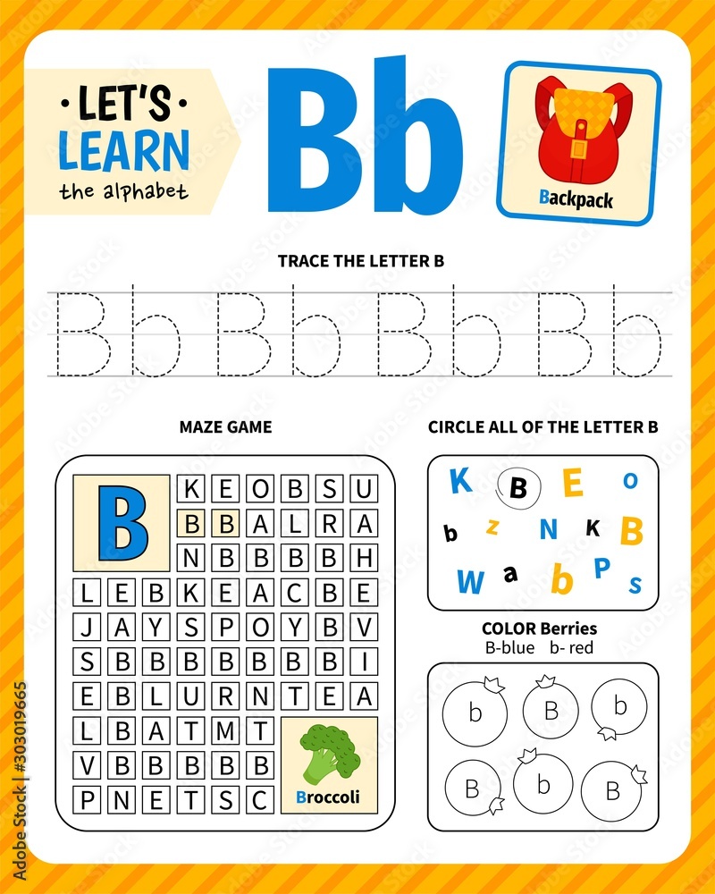 Kids learning material. Worksheet for learning alphabet. Letter B.