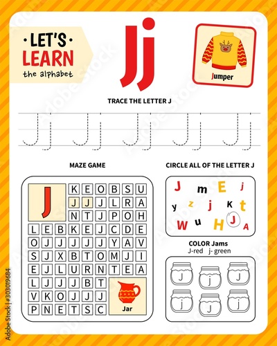 Kids learning material. Worksheet for learning alphabet. Letter J.