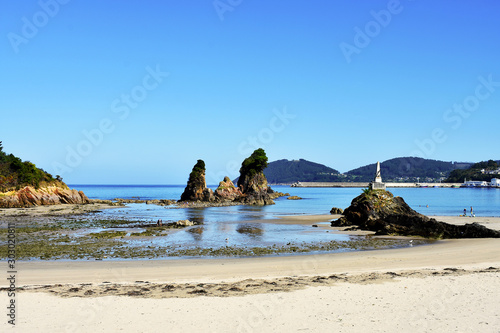 Os Castelos rocks in Seiramar beach, between Covas a Sacido beach, in Viveiro, Lugo, Galicia. Spain. Europe September 21, 2019