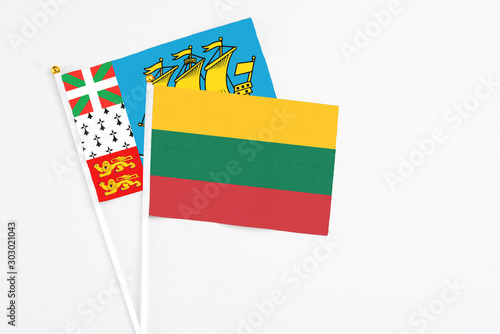 Lithuania and Saint Pierre And Miquelon stick flags on white background. High quality fabric, miniature national flag. Peaceful global concept.White floor for copy space.