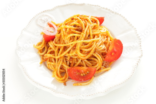 italian food, tomato and meat sauce spaghetti