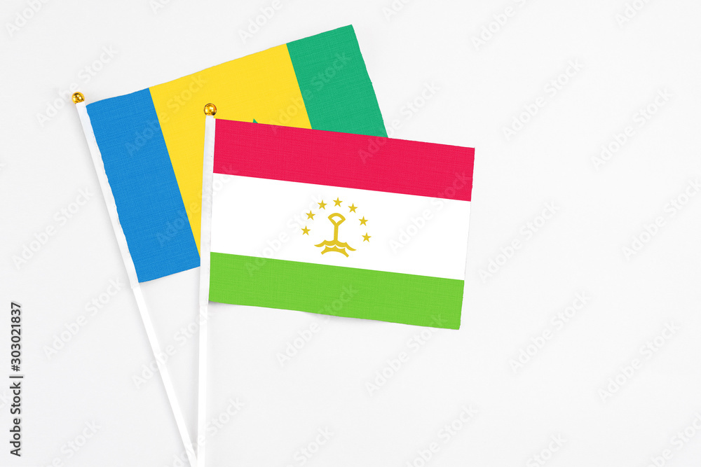 Tajikistan and Saint Vincent And The Grenadines stick flags on white background. High quality fabric, miniature national flag. Peaceful global concept.White floor for copy space. Tajikistan and Saint Vincent And The Grenadines stick flags on white background. High quality fabric, miniature national flag. Peaceful global concept.White floor for copy space.