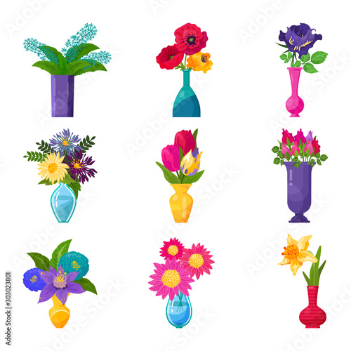 Flowers in vase vector beautiful floral bouquet decor and fresh spring blosso...