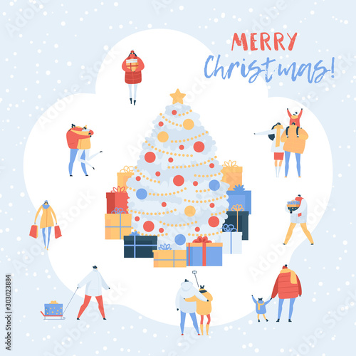 People on Christmas vector xmas tree with gifts and cartoon couples, family characters walking in winter. Illustration set of men, women holding new year presents isolated on white background
