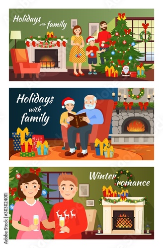 Christmas vector people in santa hats celebrating merry xmas, family decorate new year tree together. Illustration set of smiling man, woman, kids characters with gifts isolated on white background