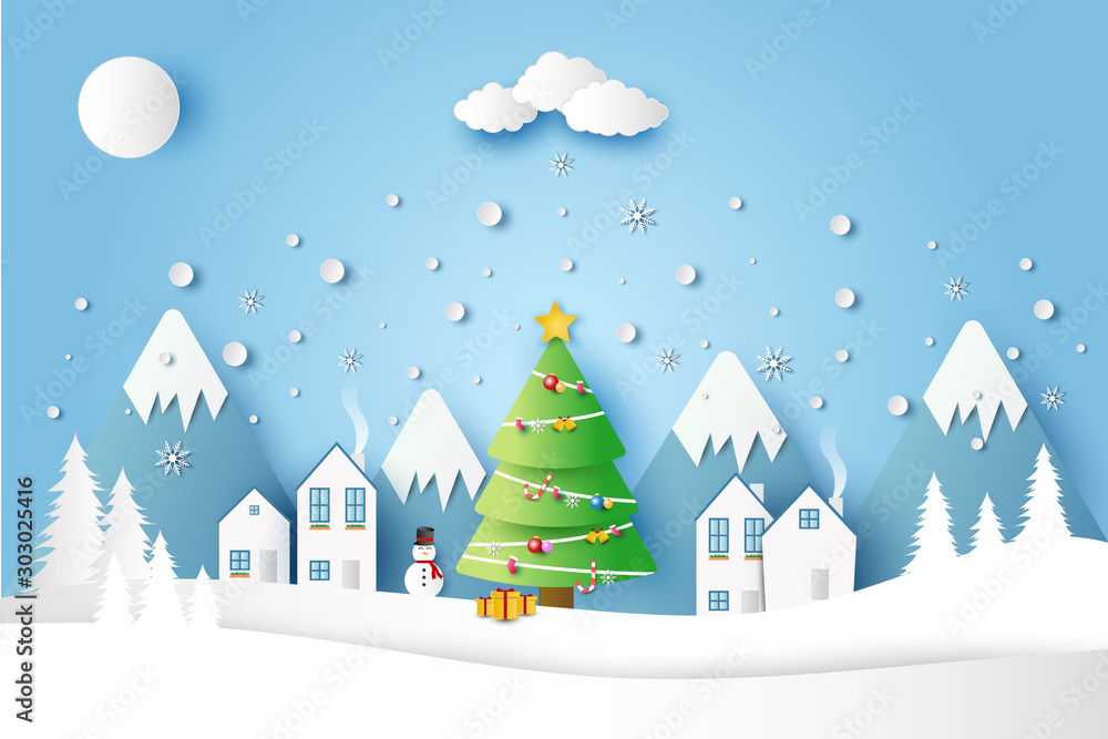 Beautiful Merry Christmas winter landscape with houses and christmas trees. Paper art vector illustration style.
