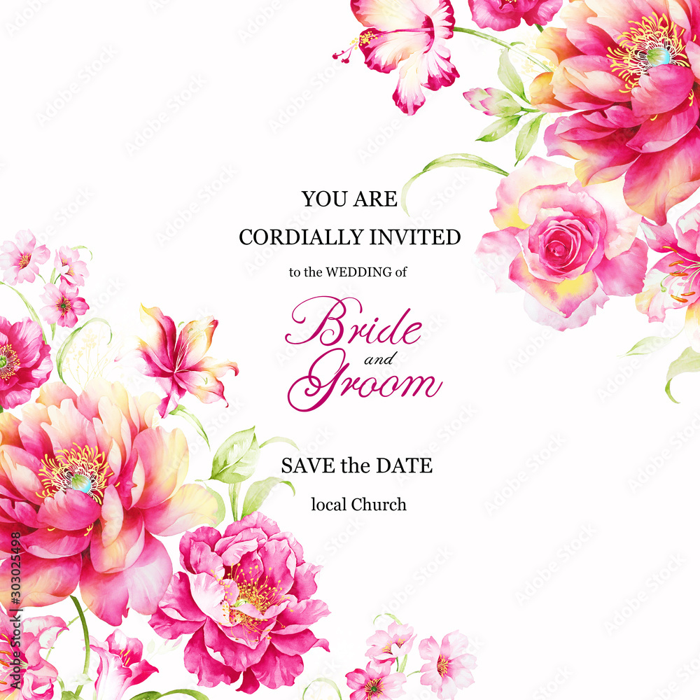 Botanical wedding invitation design with  roses,  blooming Pink Peony Flowers.Botanical Background for Poster, Banner, Wedding Invitation, Greeting Card. 