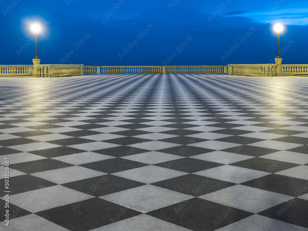 Terrace with chess pattern in twilight time
