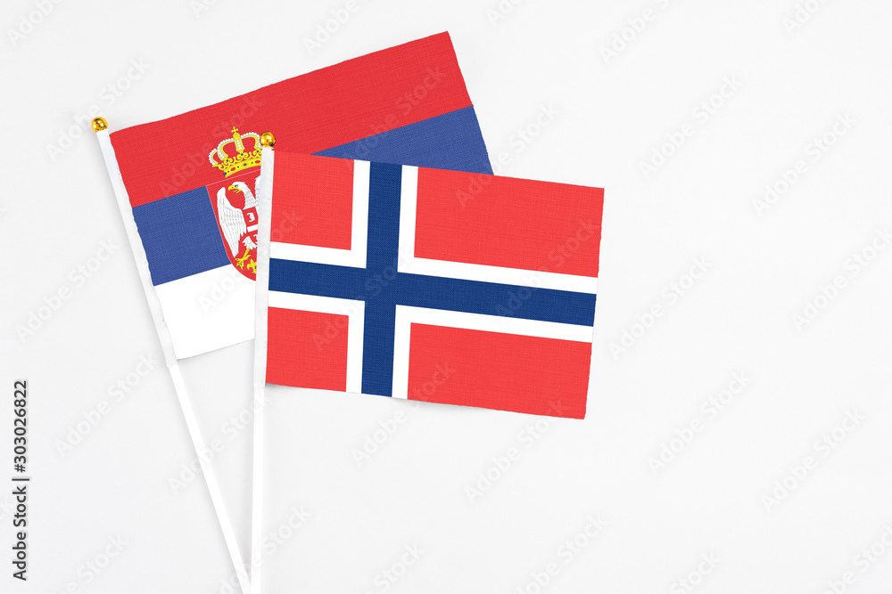 Norway and Serbia stick flags on white background. High quality fabric, miniature national flag. Peaceful global concept.White floor for copy space.