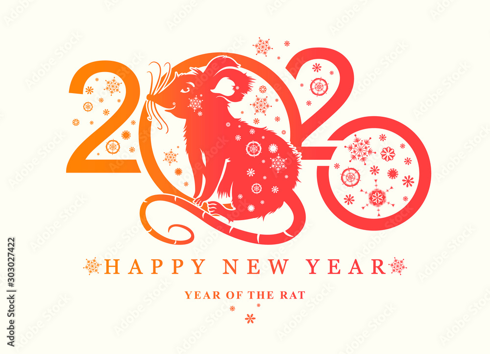 Year of the Rat. 2020. Flat pattern 2020 and smiling cute rat and snowflakes. Vector template New Year's design on the Chinese calendar. Year of the Rat. 2020. Flat pattern 2020 and smiling cute rat and snowflakes. Vector template New Year's design on the Chinese calendar.