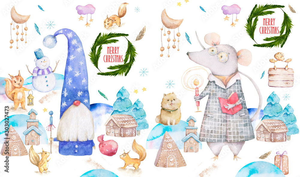 Fototapeta premium Cute watercolor cartoon set rats and spruce tree. Watercolor hand drawn animals illustration. New Year 2020 holiday drawing illustration. Symbol 2020 Merry Christmas gift card. Greeting postcard