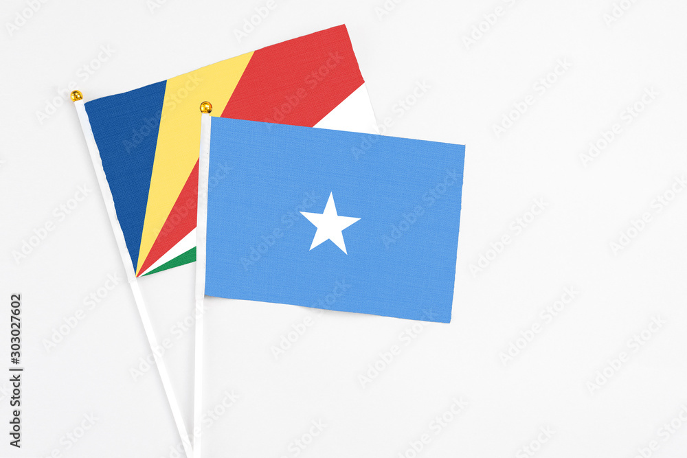 Somalia and Seychelles stick flags on white background. High quality fabric, miniature national flag. Peaceful global concept.White floor for copy space.v Somalia and Seychelles stick flags on white background. High quality fabric, miniature national flag. Peaceful global concept.White floor for copy space.v