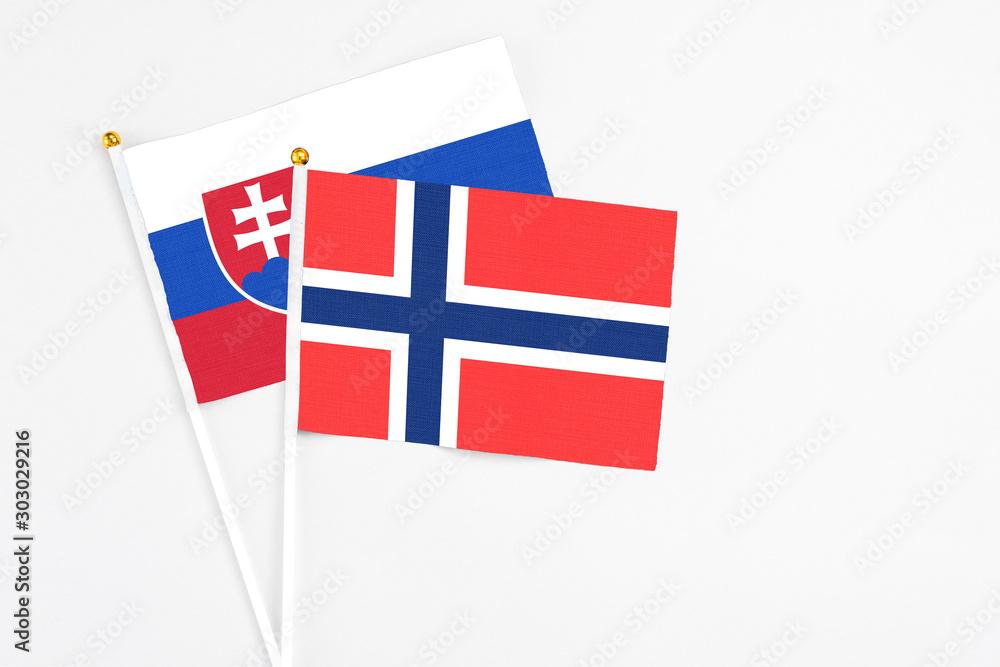 Bouvet Islands and Slovakia stick flags on white background. High quality fabric, miniature national flag. Peaceful global concept.White floor for copy space.