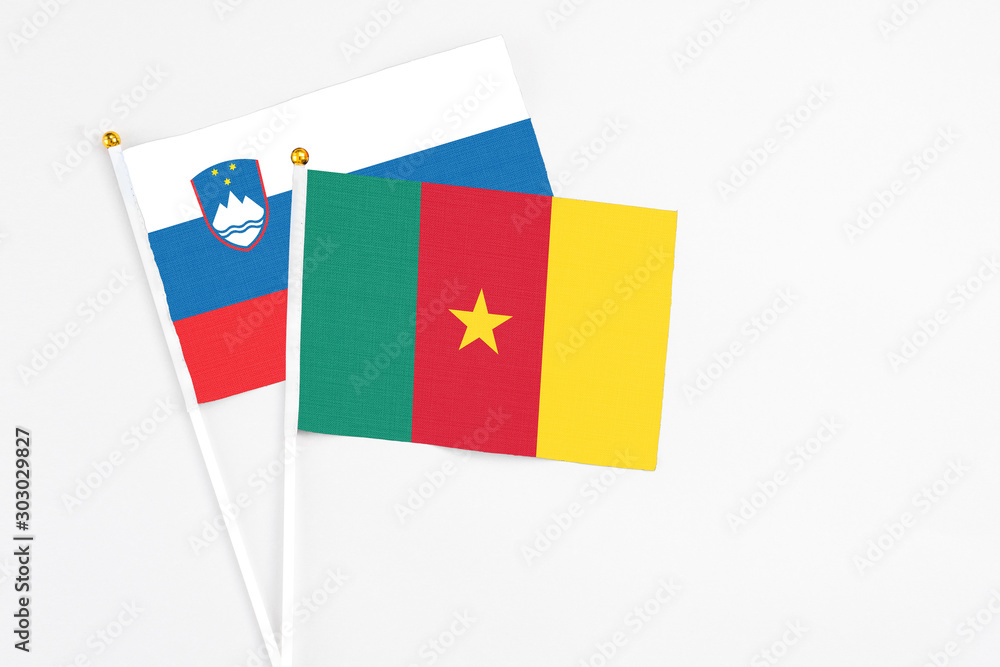 Cameroon and Slovenia stick flags on white background. High quality fabric, miniature national flag. Peaceful global concept.White floor for copy space. Cameroon and Slovenia stick flags on white background. High quality fabric, miniature national flag. Peaceful global concept.White floor for copy space.