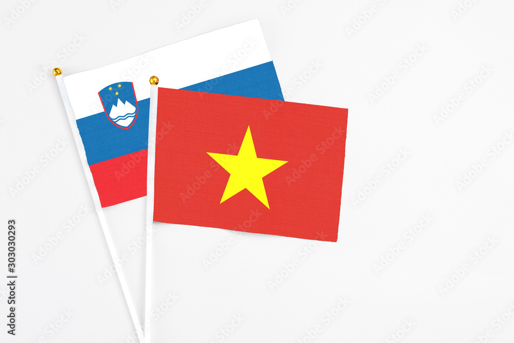 Vietnam and Slovenia stick flags on white background. High quality fabric, miniature national flag. Peaceful global concept.White floor for copy space. Vietnam and Slovenia stick flags on white background. High quality fabric, miniature national flag. Peaceful global concept.White floor for copy space.