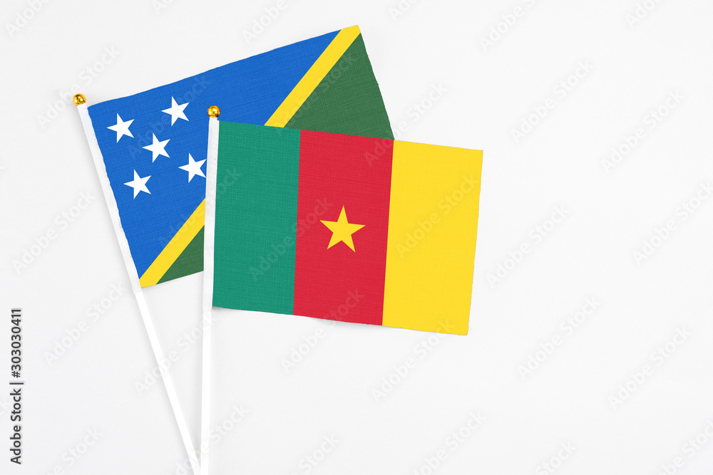 Cameroon and Solomon Islands stick flags on white background. High quality fabric, miniature national flag. Peaceful global concept.White floor for copy space. Cameroon and Solomon Islands stick flags on white background. High quality fabric, miniature national flag. Peaceful global concept.White floor for copy space.