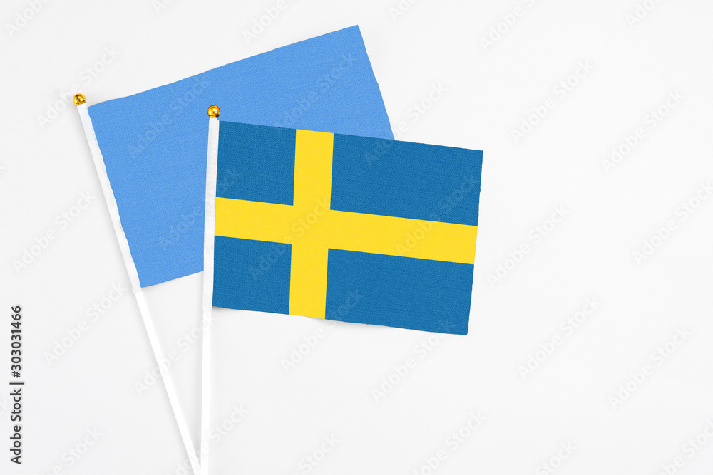 Sweden and Somalia stick flags on white background. High quality fabric, miniature national flag. Peaceful global concept.White floor for copy space. Sweden and Somalia stick flags on white background. High quality fabric, miniature national flag. Peaceful global concept.White floor for copy space.
