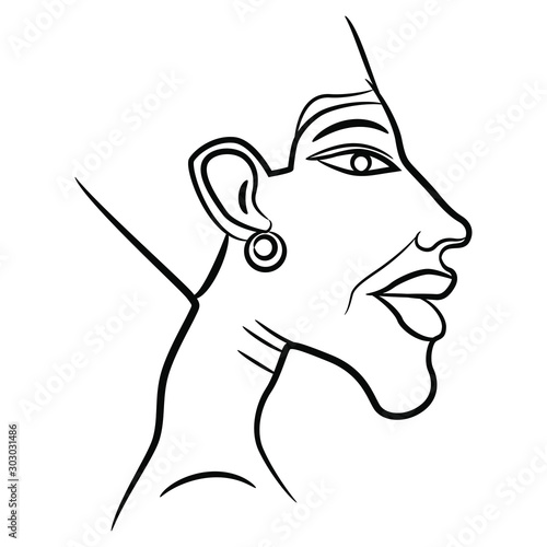  Isolated vector illustration. Head of pharaoh Akhenaten. Ancient Egyptian Amarna art. Black and white linear silhouette.