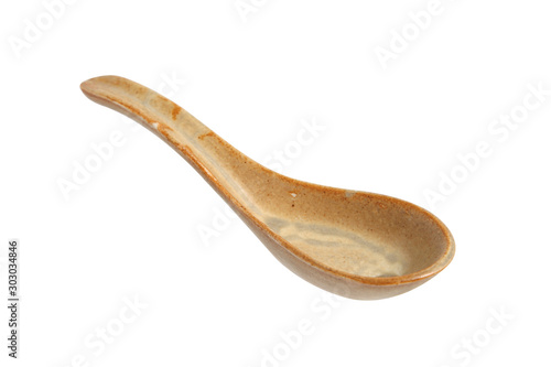 ceramic spoon for Japanese food isolated on white background, vintage Japanese spoon