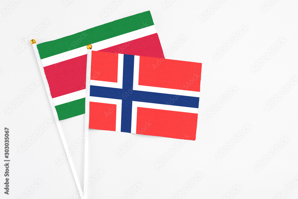 Bouvet Islands and Suriname stick flags on white background. High quality fabric, miniature national flag. Peaceful global concept.White floor for copy space. Bouvet Islands and Suriname stick flags on white background. High quality fabric, miniature national flag. Peaceful global concept.White floor for copy space.