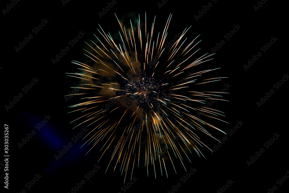 Center Yellow Sparkling Fireworks Background on Night Scene Center Yellow Sparkling Fireworks Background on Night Scene