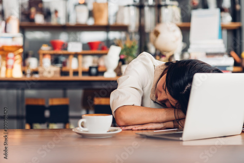 Lifestyle freelance woman he has resting sleeping after hard work long time