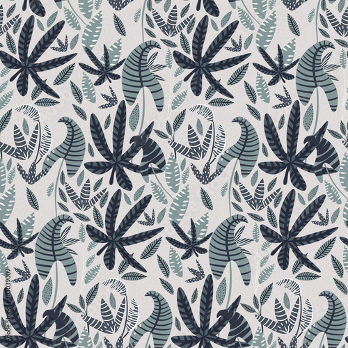 Vector seamless pattern with compositions of hand drawn tropical palm leaves, jungle plants, paradise bouquet on a light background. Beautiful dark and light green floral endless Botanical texture. 