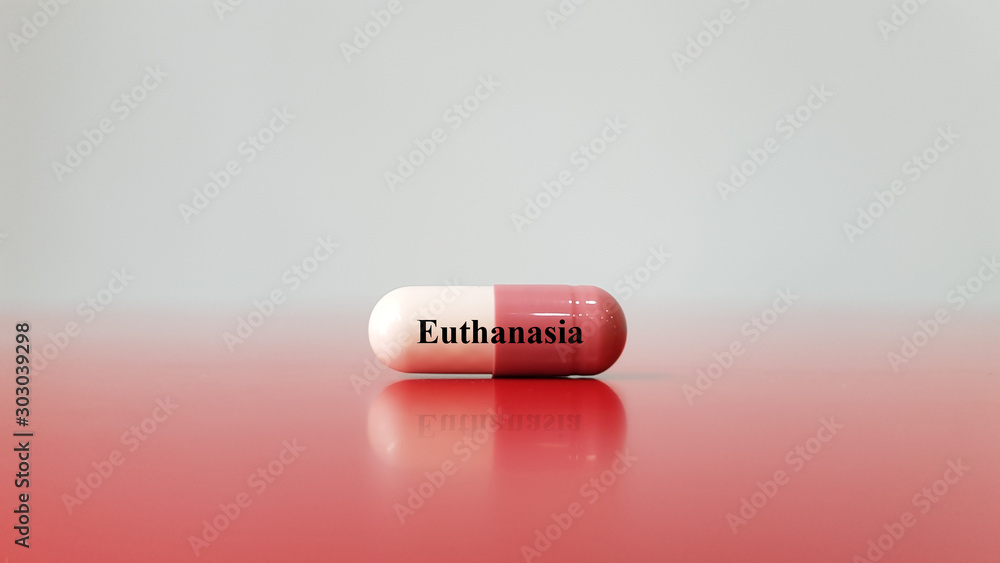 Fotografie Capsule of medication for mercy killing on white background