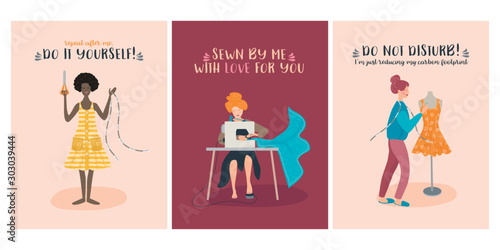 Set of cute diy dressmaker illustrations with text promoting the handmade crafts. Vector design template for card, invitation, poster, flyer, cover, and other use.