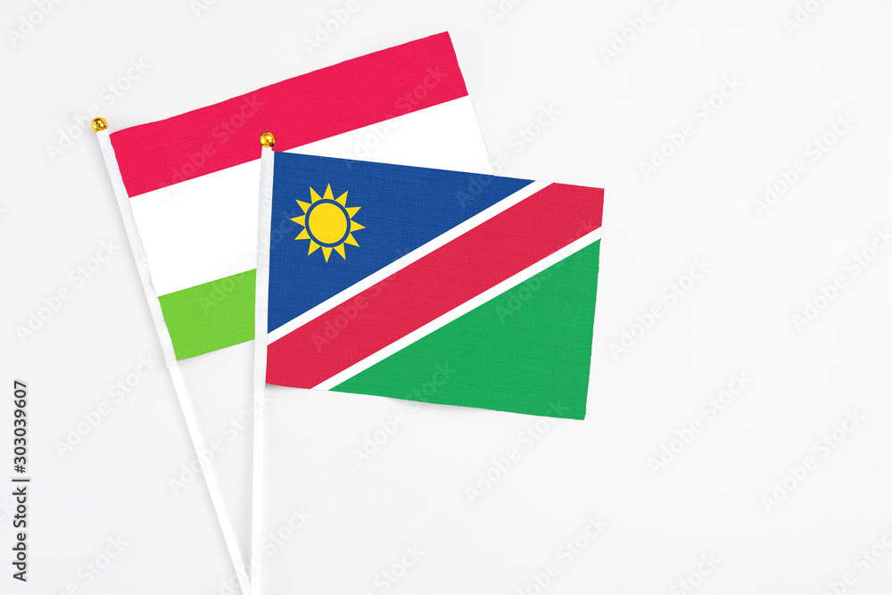 Namibia and Tajikistan stick flags on white background. High quality fabric, miniature national flag. Peaceful global concept.White floor for copy space. Namibia and Tajikistan stick flags on white background. High quality fabric, miniature national flag. Peaceful global concept.White floor for copy space.