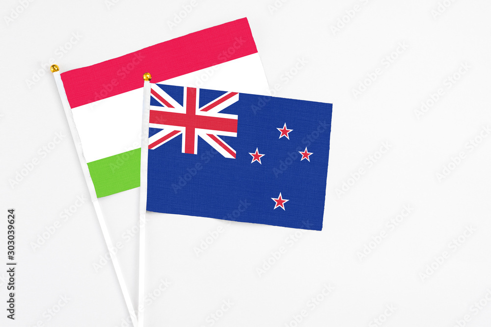 New Zealand and Tajikistan stick flags on white background. High quality fabric, miniature national flag. Peaceful global concept.White floor for copy space. New Zealand and Tajikistan stick flags on white background. High quality fabric, miniature national flag. Peaceful global concept.White floor for copy space.