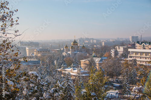Panorama of the Golden domes in the center of Pyatigorsk. The photo was taken in foggy weather, in winter.