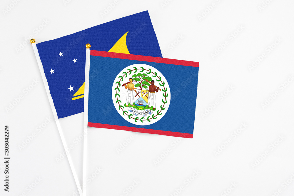 Belize and Tokelau stick flags on white background. High quality fabric, miniature national flag. Peaceful global concept.White floor for copy space. Belize and Tokelau stick flags on white background. High quality fabric, miniature national flag. Peaceful global concept.White floor for copy space.