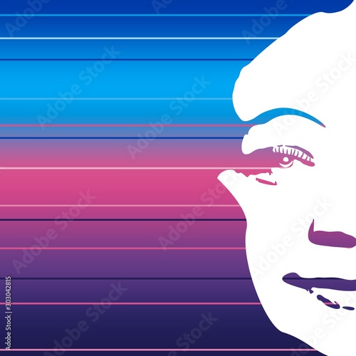 Face front view. Elegant silhouette of a female head in contrast backlight. Portrait of a happy smiled woman. Gradient paint horizontal lines