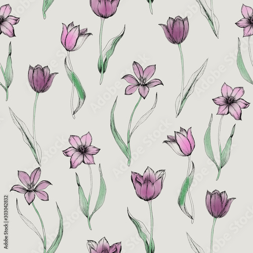 Tulips seamless watercolor pattern © OlgaShashok