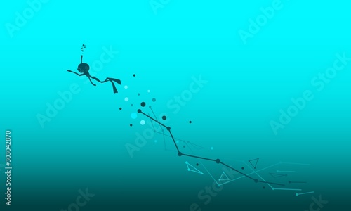 Silhouette of diver. Lines connected with dots trail. The concept of sport diving. Icon of diver drawn in cartoon doodle style.