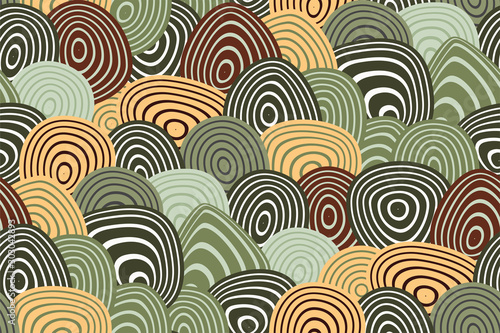 Creative seamless pattern with abstract geometric shapes. Optical illusion print. Radially striped circles-ovals. Endless stylish texture in brown, green, white colors. Vector.