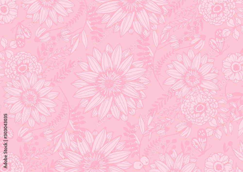 花柄の背景素材　レトロ　ポップ　手書きイラスト　ピンク
