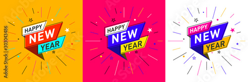 Happy New Year template design in flat trendy memphis geometric retro style poster, placard, web, Concept, Template, Banner, Logo Design, Icon, Offer, Unit, Label, Web Header, Background, Mnemonic.