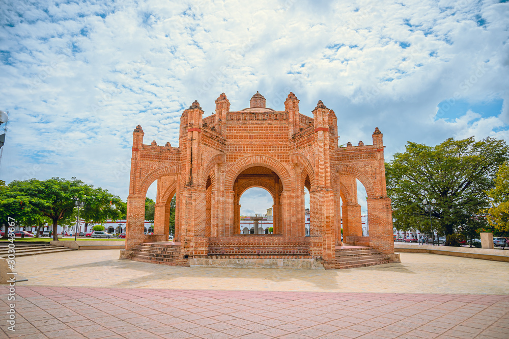 Panoramic view of the main square of the downtown center in Chiapa de Corzo, sunny day and cloudy sky