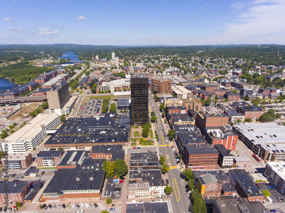 Manchester Brady Sullivan Plaza in downtown and Elm Street with Merrimack River at the background aerial view, Manchester, New Hampshire, NH, USA.